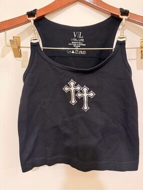 Vital Life Black Ribbed Tank with Cross Graphic and Ring-Strap Detail Size M